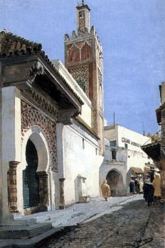 Manuel Garcia Y Rodriguez : A Street Scene With a Mosque Tangier